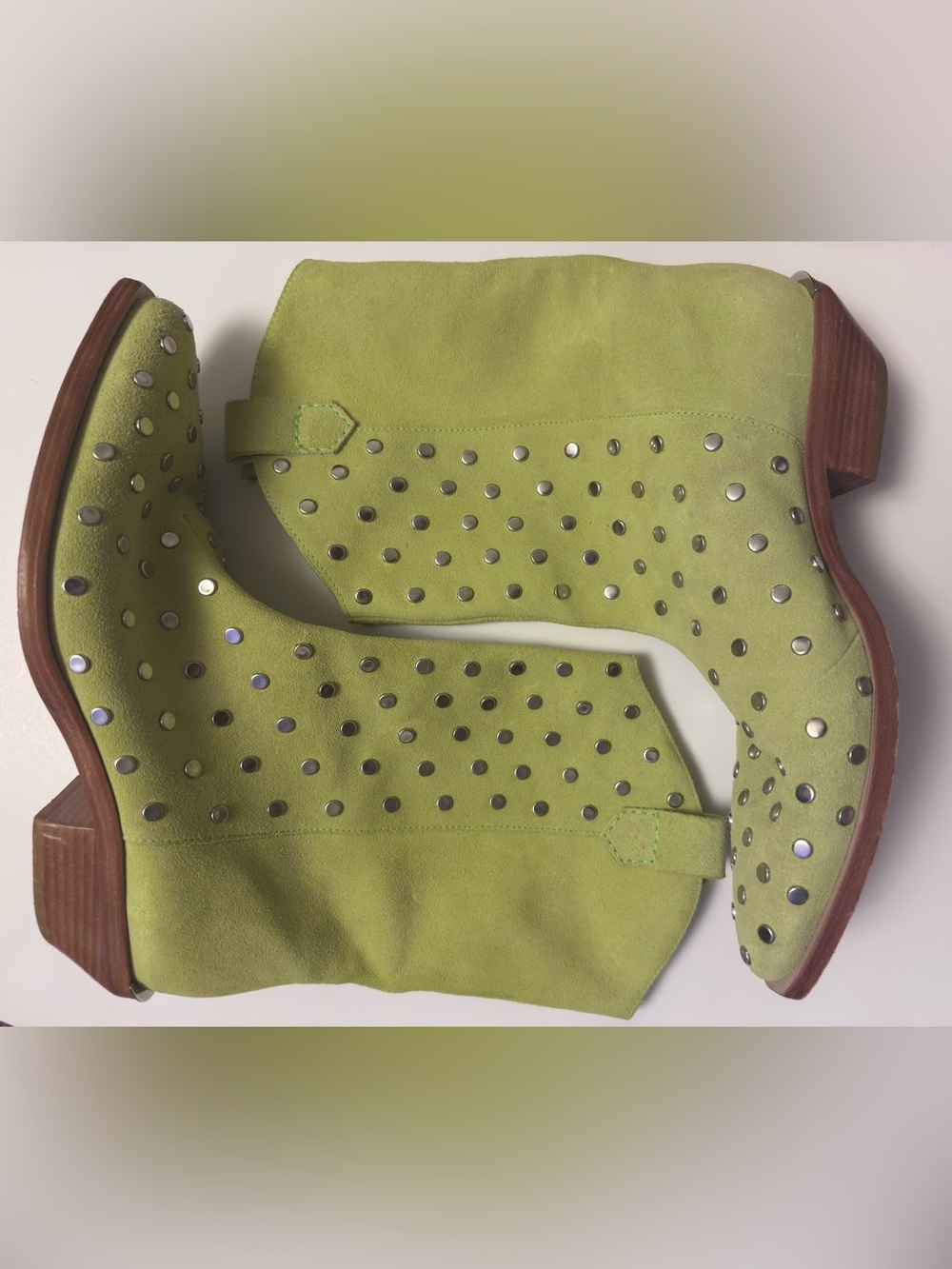 SCHUTZ Lime Green Studded Suede Heeled Ankle Boots